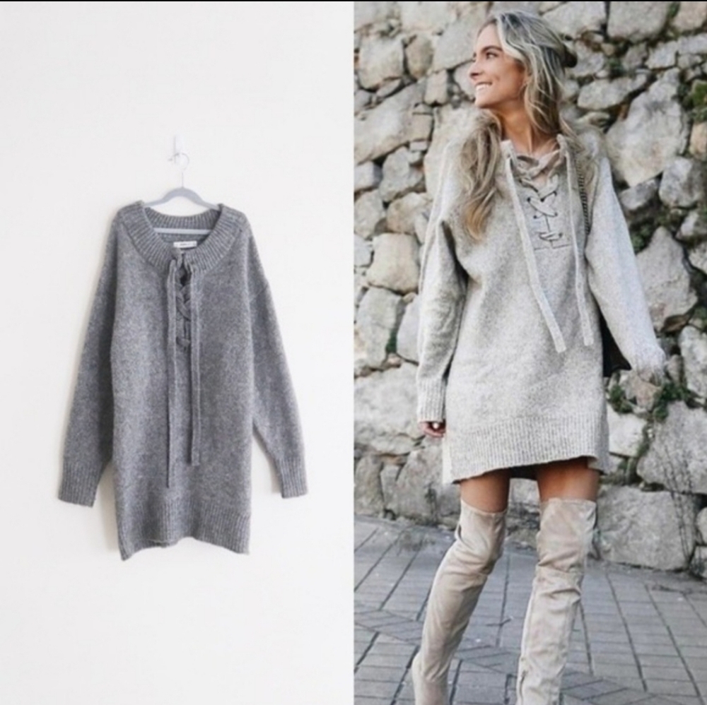 Zara Lace Up Oversized Wool Mohair Mock Neck Sweater Dress Grey Size Medium - Picture 1 of 11